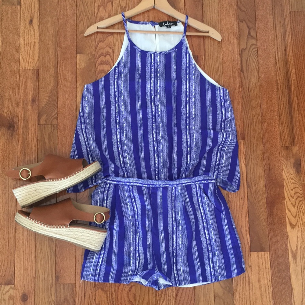 Lulus drapey open back blue & white striped romper